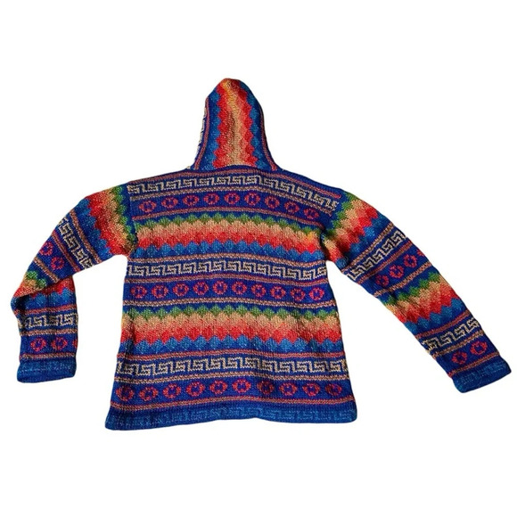 Rainbow Alpaca Cardigan Zip Up Hood Hand Knit in Peru Size L - Picture 3 of 9